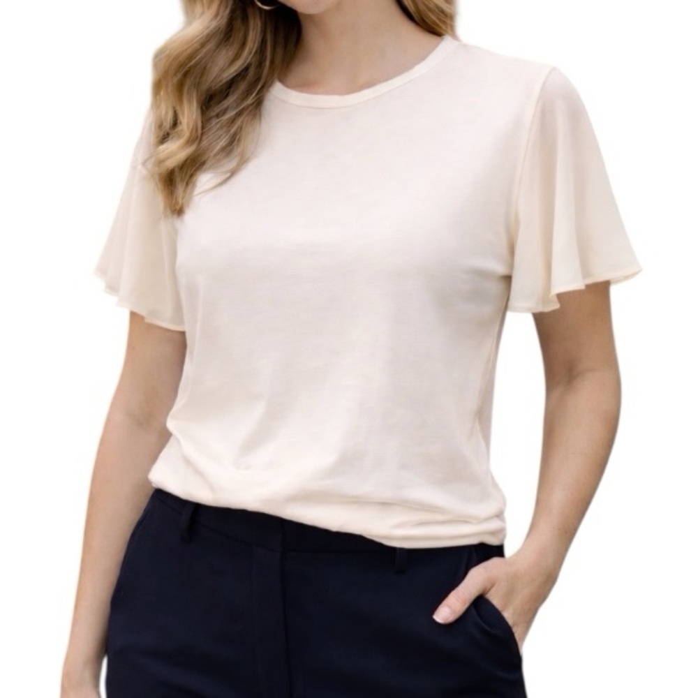 LOFT Medium Petite Ivory Cream Ruffled Sleeve Shirt Office Minimalist Feminine